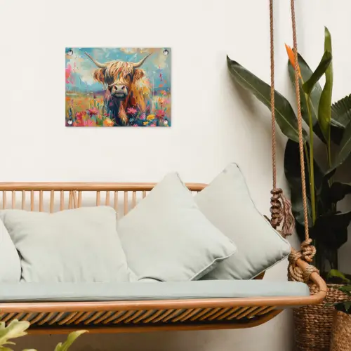 Schotse hooglander - Natuur - Kleurrijk - Bloemen tuinposter los doek klein -sfeer7