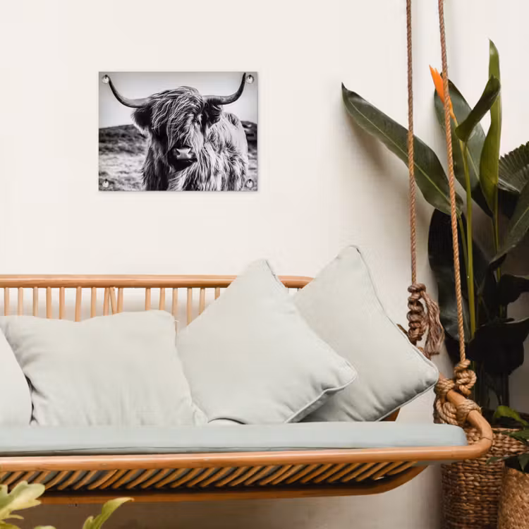 Schotse hooglander - Natuur - Koe - Zwart - Wit tuinposter los doek klein -sfeer7