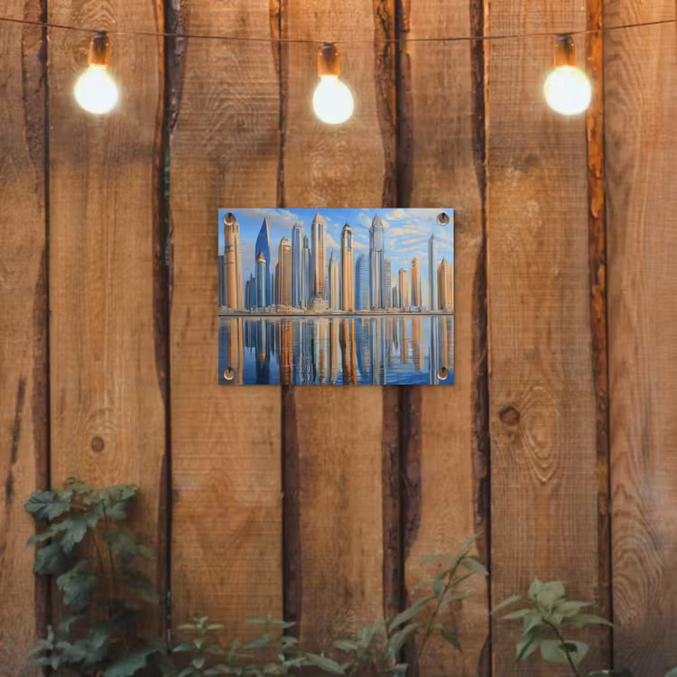 Skyline - Wolkenkrabbers - Water - Blauw tuinposter los doek klein -sfeer1