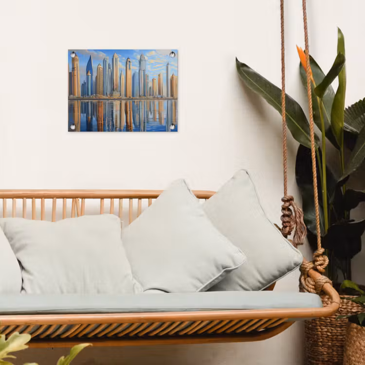 Skyline - Wolkenkrabbers - Water - Blauw tuinposter los doek klein -sfeer7