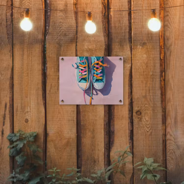 Sneakers - Veters - Kleurrijk - Schaduw tuinposter los doek klein -sfeer1