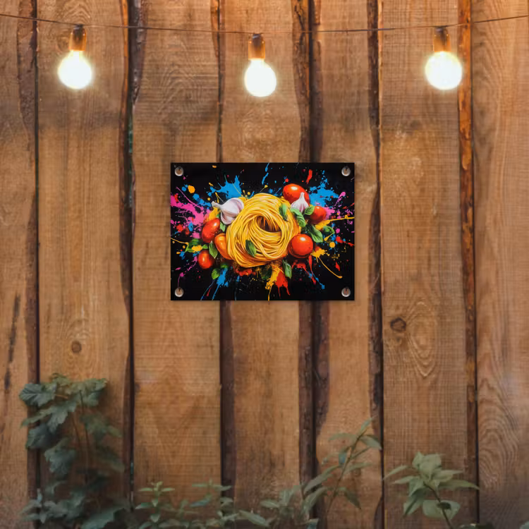 Spaghetti - Graffiti - Verf - Kleurrijk - Eten - Modern tuinposter los doek klein -sfeer1