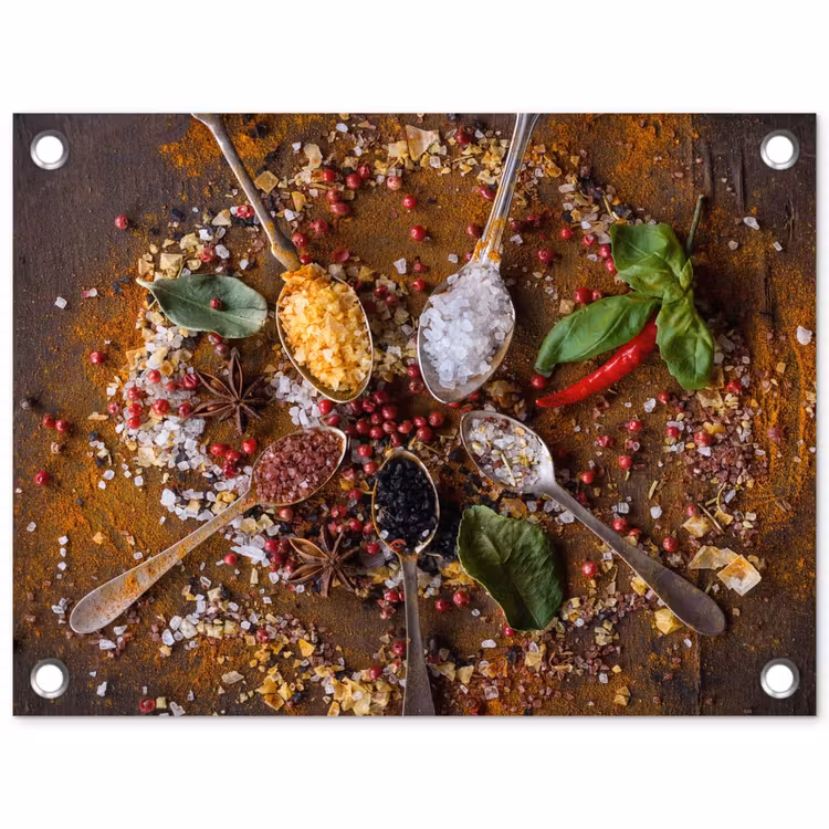 Specerijen - Kruiden - Lepels - Zout - Bruin - Keuken tuinposter los doek klein -3d