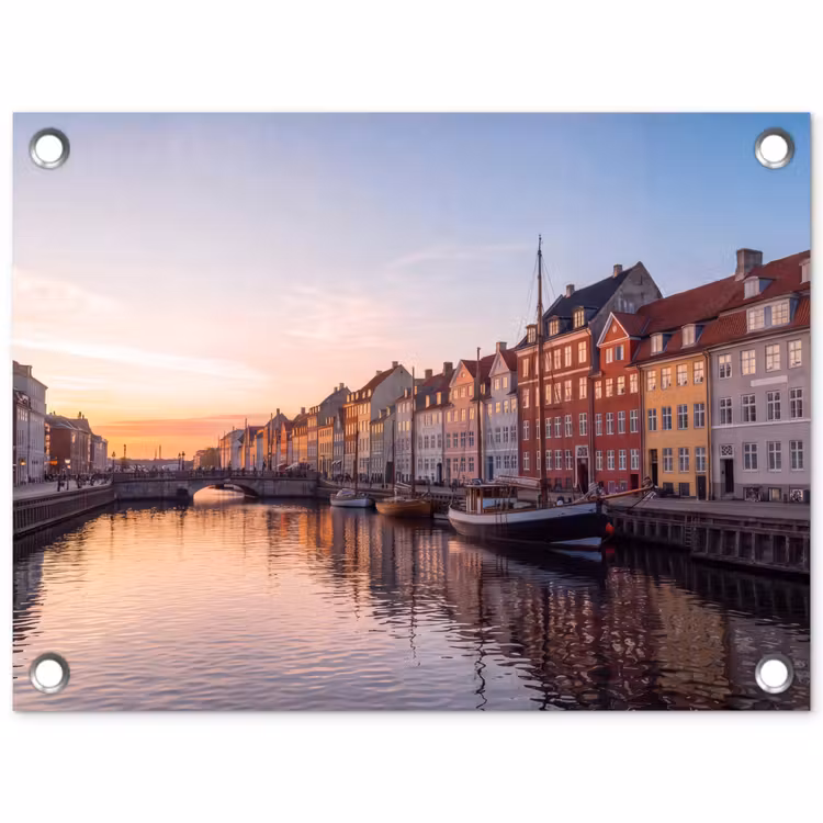 Stad - Gracht - Zonsondergang - Klassiek - Kleurrijk tuinposter los doek klein -3d