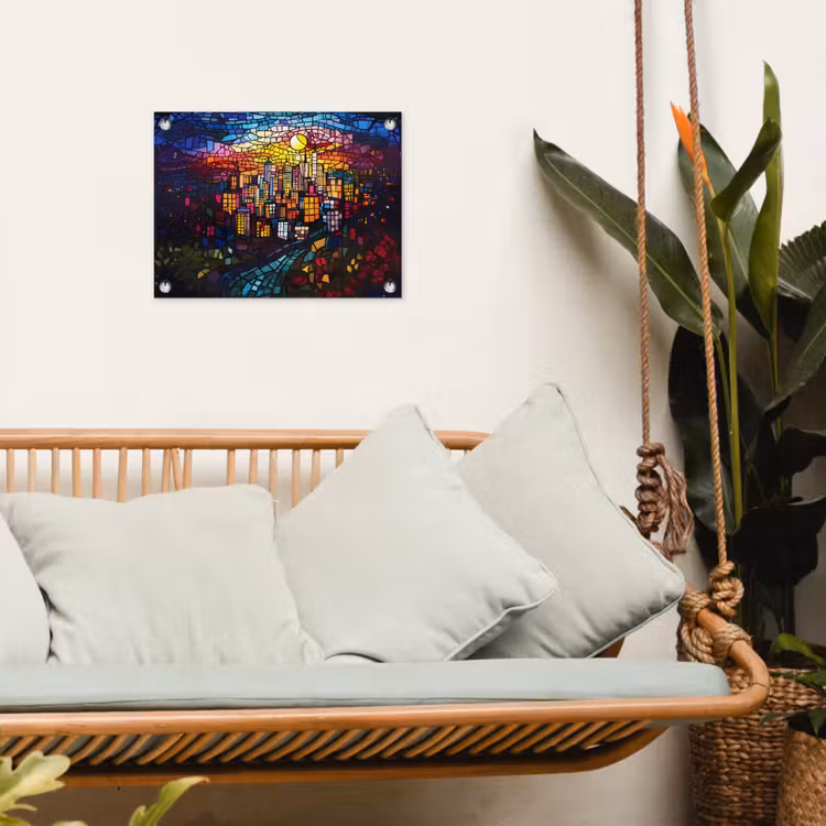 Stad - Maan - Mozaïek - Kleurrijk tuinposter los doek klein -sfeer7