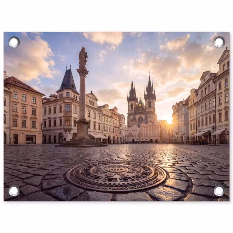 Stad - Praag - Ochtend - Architectuur - Goud tuinposter los doek klein -3d