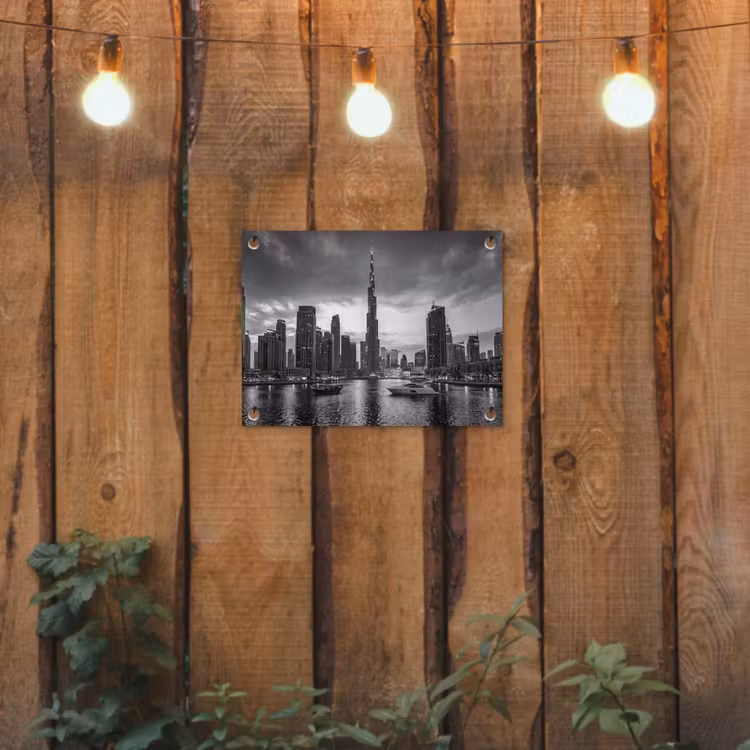 Stad - Skyline - Architectuur - Avond - Zwart-wit tuinposter los doek klein -sfeer1