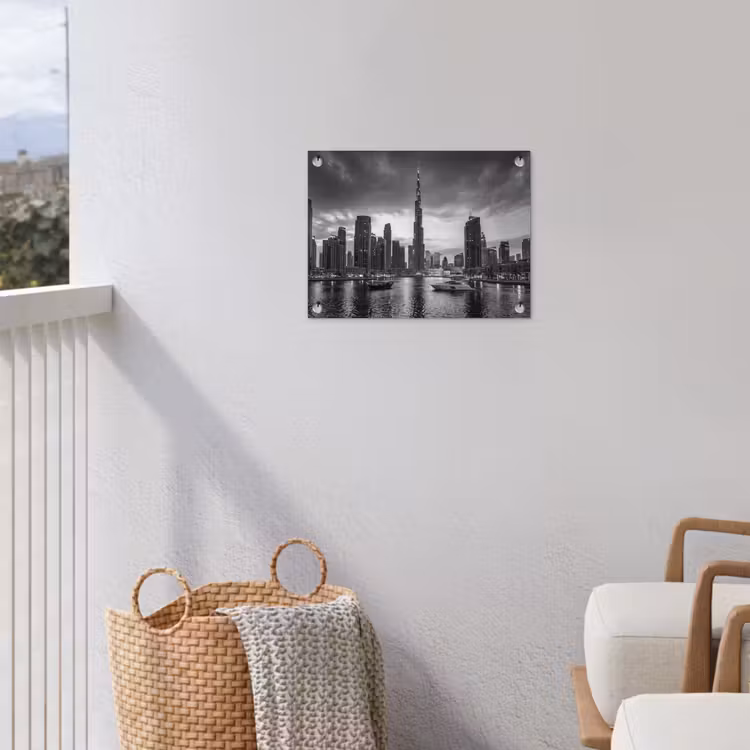 Stad - Skyline - Architectuur - Avond - Zwart-wit tuinposter los doek klein -sfeer8