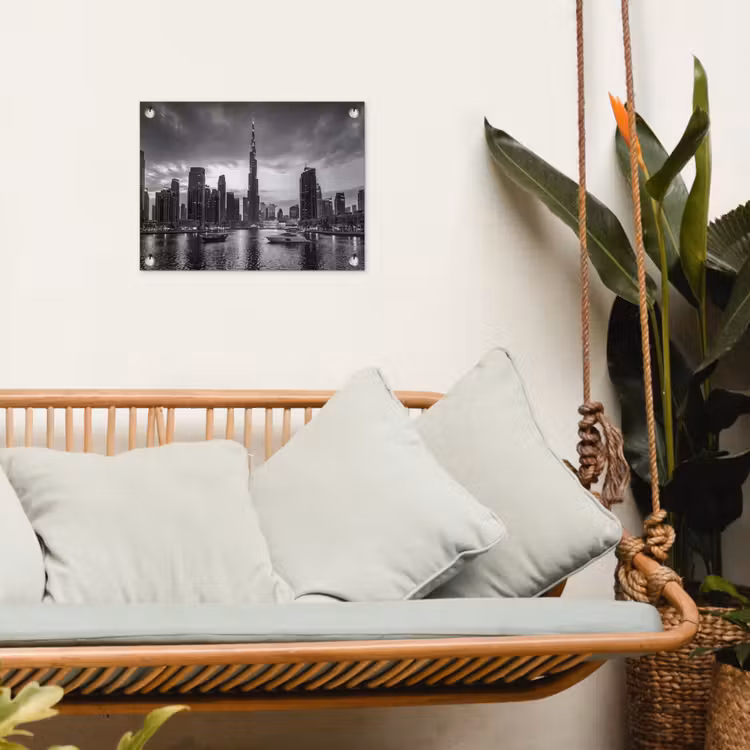 Stad - Skyline - Architectuur - Avond - Zwart-wit tuinposter los doek klein -sfeer7