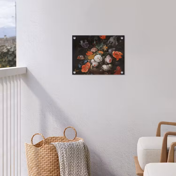 Stilleven met bloemen en een horloge - Schilderij van Abraham Mignon tuinposter los doek klein -sfeer8