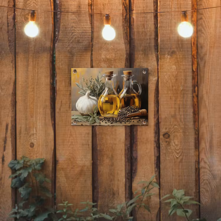 Stilleven - Olijfolie - Knoflook - Kruiden tuinposter los doek klein -sfeer1