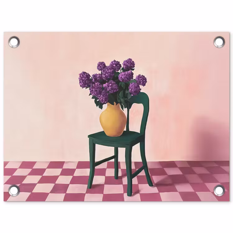 Stoel - Vaas - Bloemen - Geblokt tuinposter los doek klein -3d
