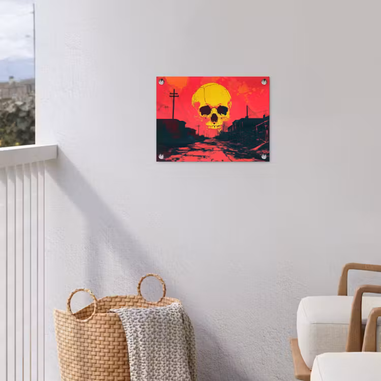 Straat - Verlaten - Schedel - Geel tuinposter los doek klein -sfeer8