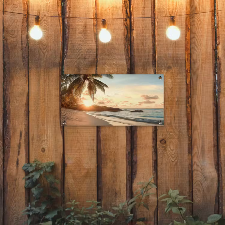 Strand - Palmbomen - Oceaan - Zonsondergang tuinposter los doek klein -sfeer1