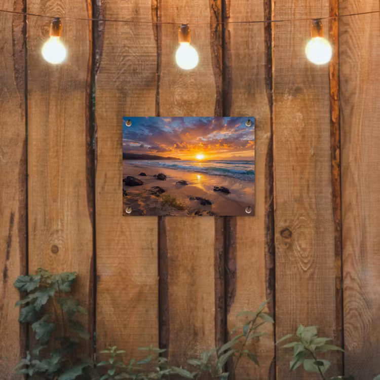 Strand - Zonsondergang - Golven - Natuur - Oranje tuinposter los doek klein -sfeer1