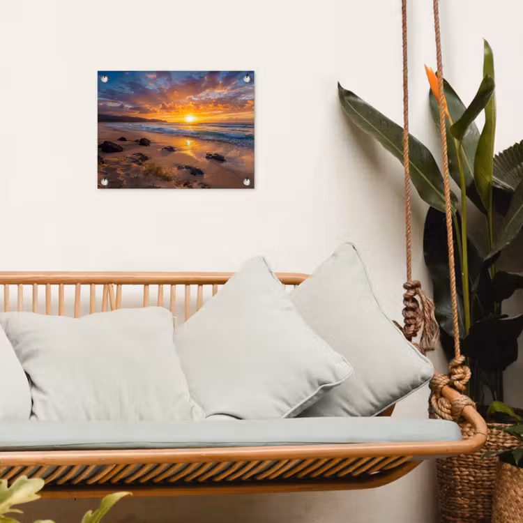 Strand - Zonsondergang - Golven - Natuur - Oranje tuinposter los doek klein -sfeer7