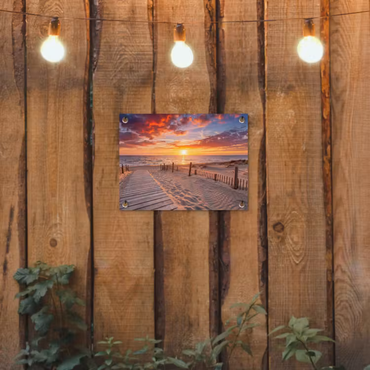 Strand - Zonsondergang - Zee - Natuur - Oranje tuinposter los doek klein -sfeer1