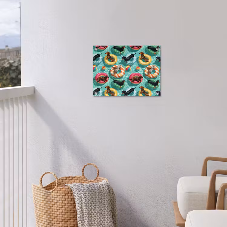 Teckels - Zwembad - Kleurrijk tuinposter los doek klein 239 -sfeer8