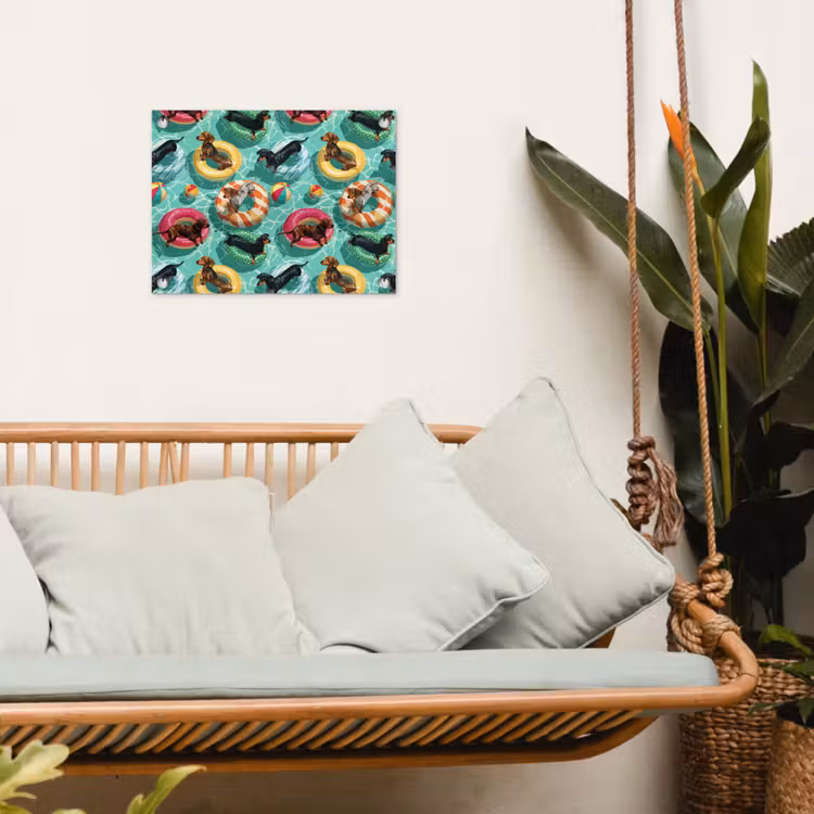 Teckels - Zwembad - Kleurrijk tuinposter los doek klein 239 -sfeer7