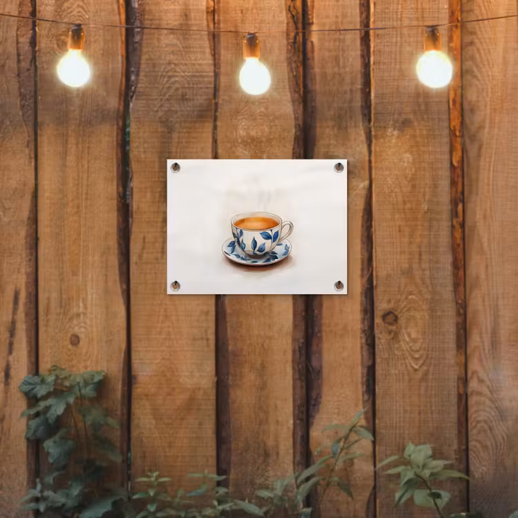 Theekop - Bladeren - Blauw tuinposter los doek klein -sfeer1
