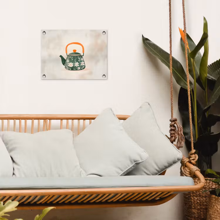 Theepot - Groen - Bloemen - Oranje tuinposter los doek klein -sfeer7