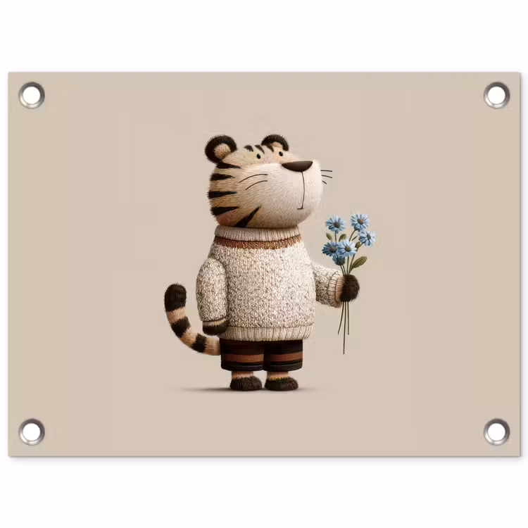 Tijger - Blauwe bloemen - Rustig tuinposter los doek klein -3d