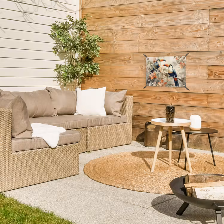 Toekan - Vogels - Bloemen - Tak tuinposter los doek klein -sfeer4