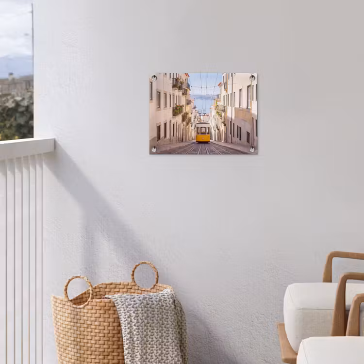 Tram - Straat - Stad - Architectuur - Geel tuinposter los doek klein -sfeer8