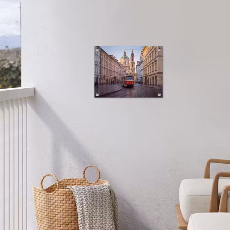 Tram - Straat - Stadsgezicht - Klassiek - Rood tuinposter los doek klein -sfeer8