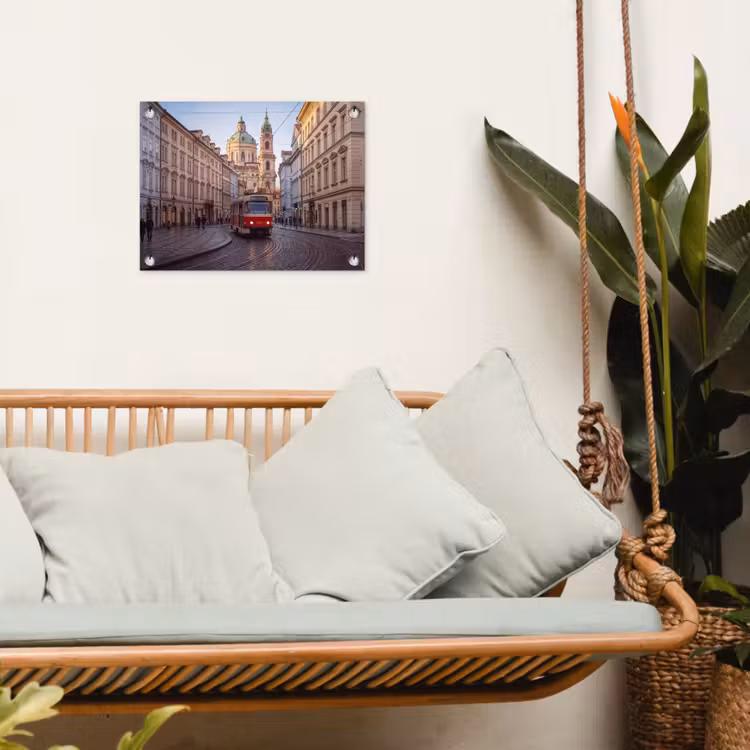 Tram - Straat - Stadsgezicht - Klassiek - Rood tuinposter los doek klein -sfeer7
