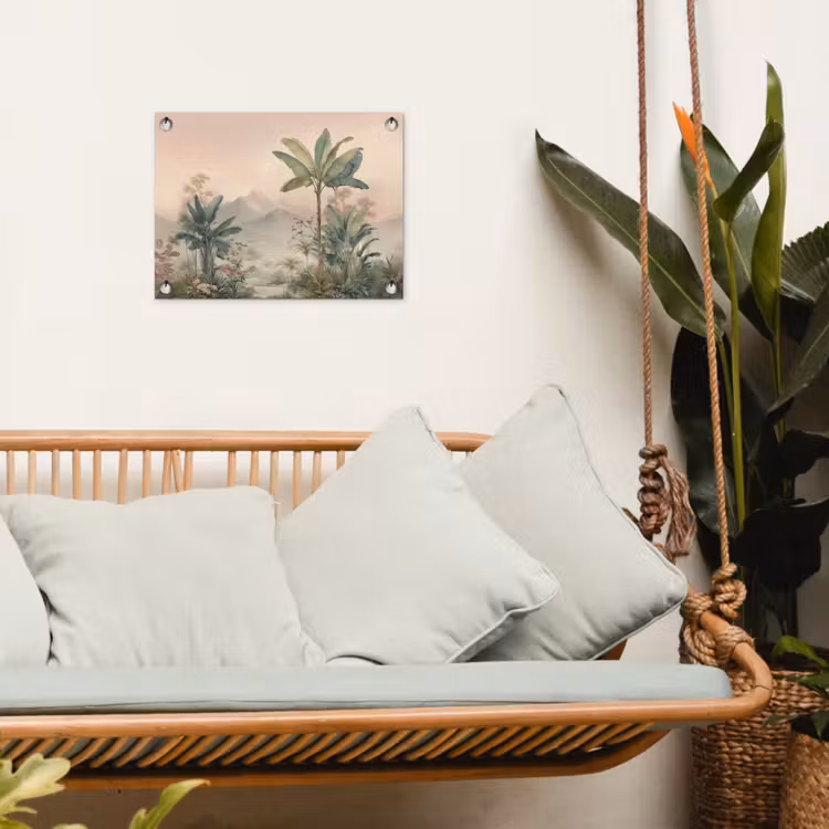 Tropisch landschap - palmbomen - Bloemen - Roze lucht tuinposter los doek klein -sfeer7