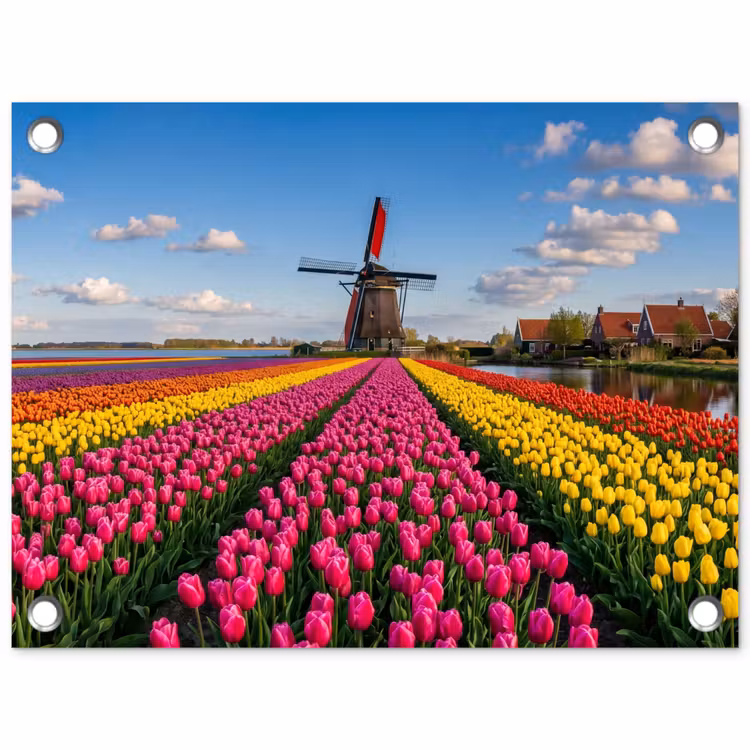 Tulpen - Holland - Molen - Kleurrijk tuinposter los doek klein -3d
