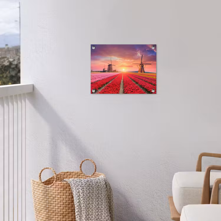 Tulpenvelden met windmolens bij zonsondergang tuinposter los doek klein -sfeer8