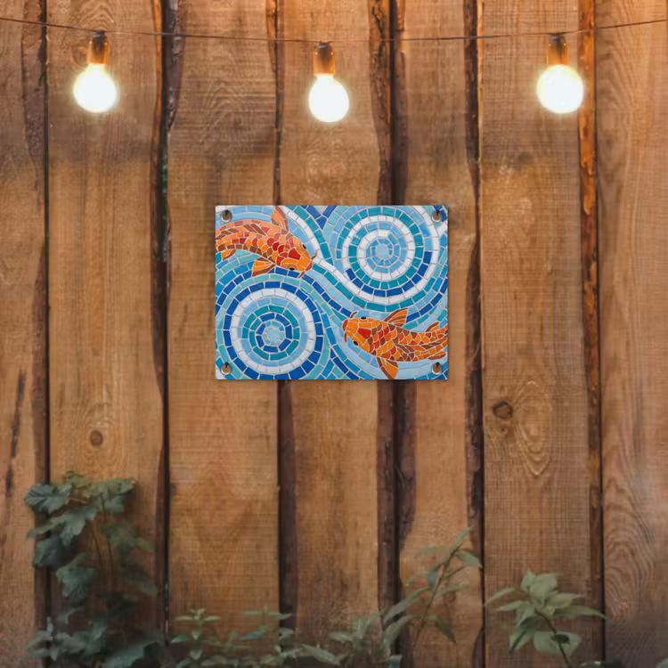 Vis - Mozaïek - Water - Decoratief - Blauw tuinposter los doek klein -sfeer1