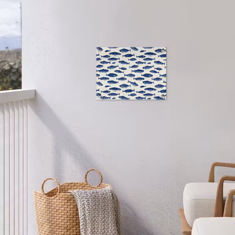 Vissen - Patroon - Blauw - Wit tuinposter los doek klein 239 -sfeer8