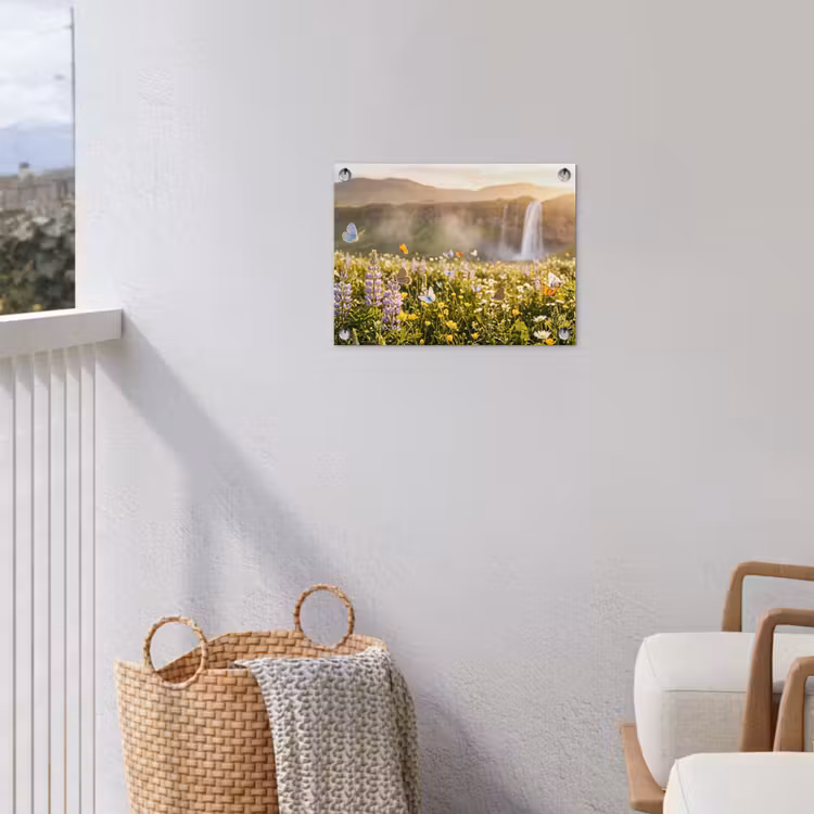 Vlinders - Waterval - Bloemenveld tuinposter los doek klein -sfeer8