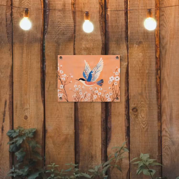Vogel - Bloesemtakken - Warm - Kleurrijk tuinposter los doek klein -sfeer1
