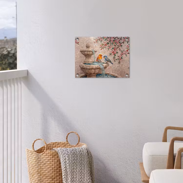 Vogel - fontein - mozaiek - kleurrijk - dieren tuinposter los doek klein -sfeer8