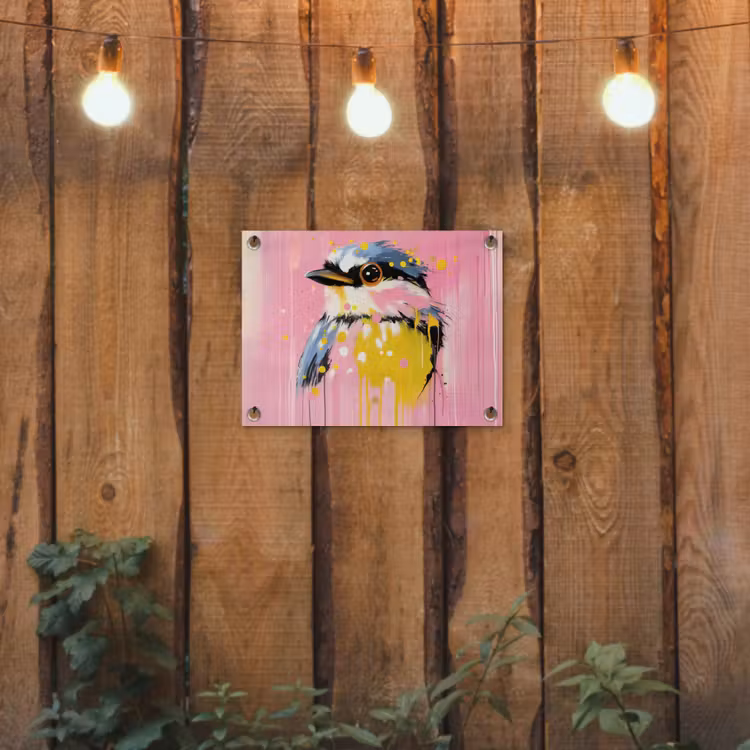 Vogel - Roze - Geel - Blauw tuinposter los doek klein -sfeer1