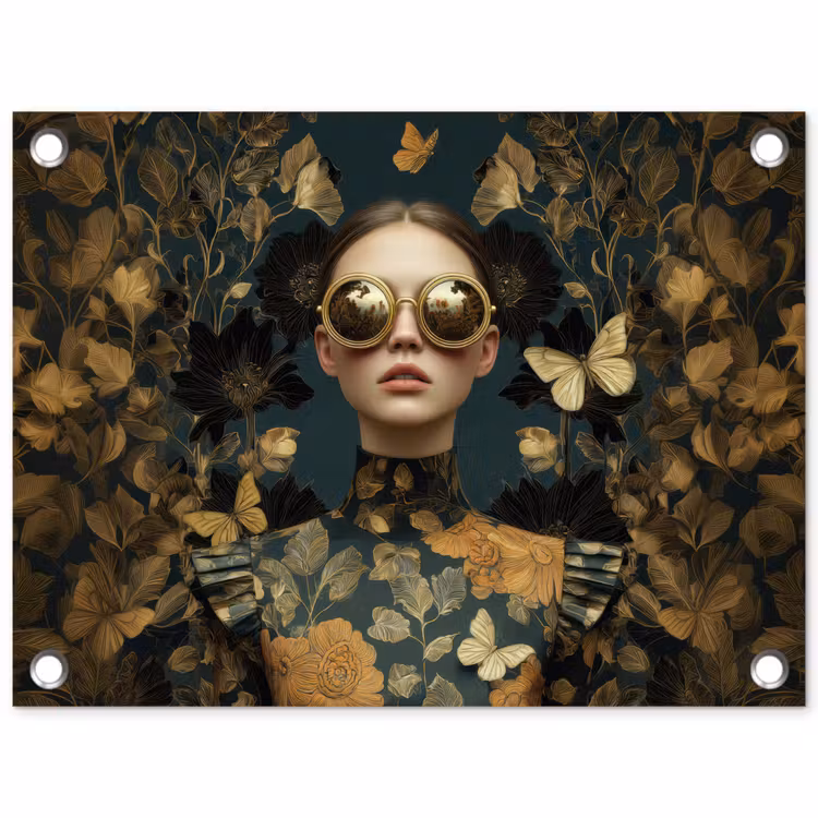 Vrouw - Bladeren - Goud - Vlinders tuinposter los doek klein -3d