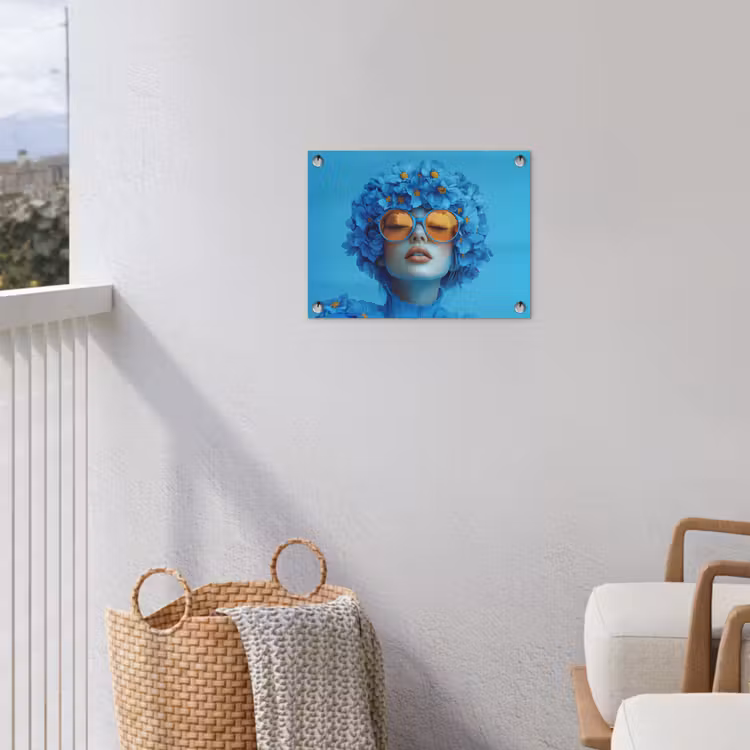 Vrouw - Bloem - Blauw - Modern - Bril - Portret tuinposter los doek klein -sfeer8