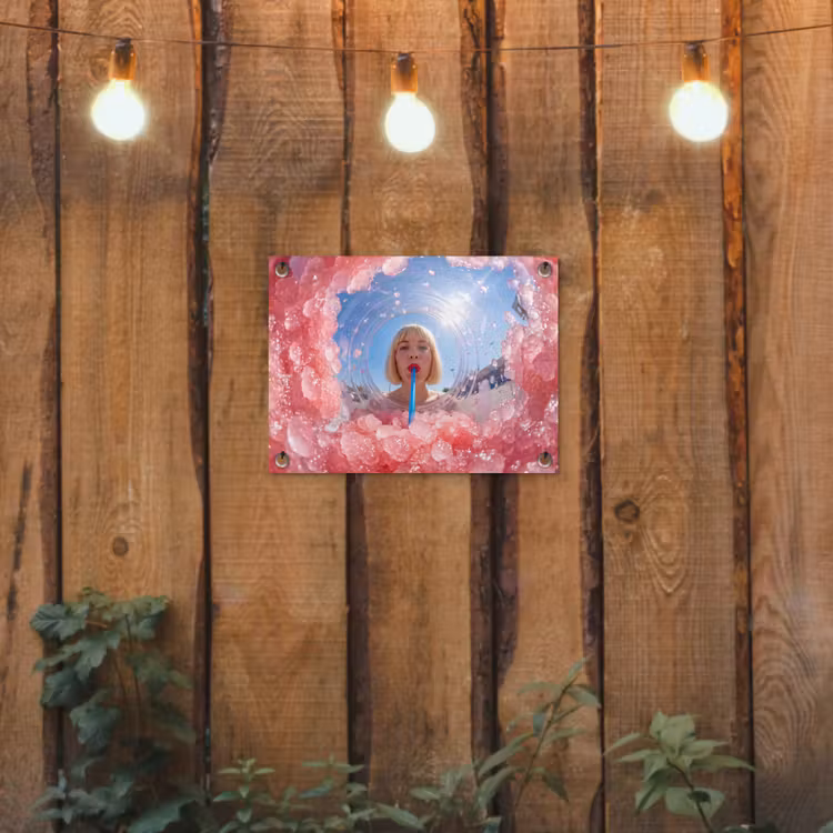 Vrouw - Drank - Zomer - Roze - Blauw tuinposter los doek klein -sfeer1