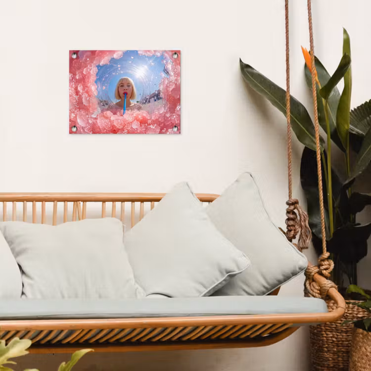 Vrouw - Drank - Zomer - Roze - Blauw tuinposter los doek klein -sfeer7