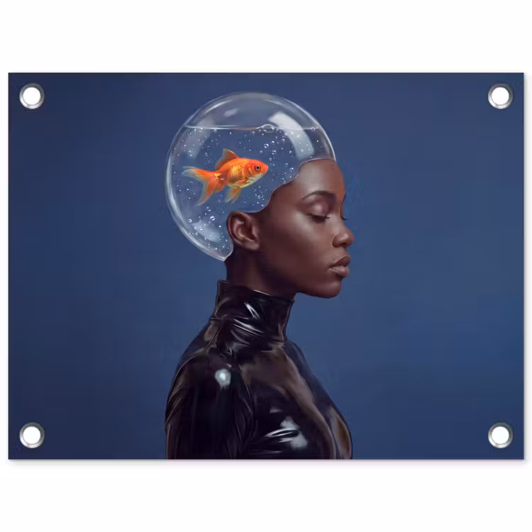 Vrouw - Goudvis - Hoofd - Abstract - Blauw tuinposter los doek klein -3d