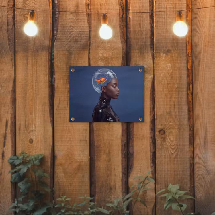 Vrouw - Goudvis - Hoofd - Abstract - Blauw tuinposter los doek klein -sfeer1