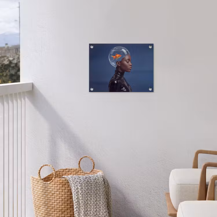 Vrouw - Goudvis - Hoofd - Abstract - Blauw tuinposter los doek klein -sfeer8