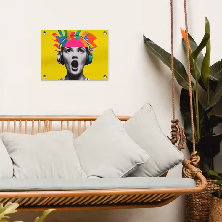 Vrouw - Koptelefoon - Geel tuinposter los doek klein -sfeer7