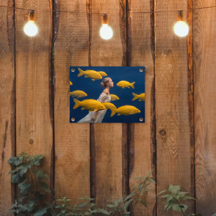 Vrouw - Vis - Water - Natuur - Geel tuinposter los doek klein -sfeer1