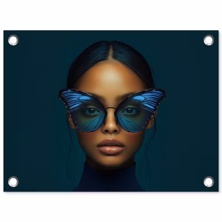 Vrouw - Vlinder - Bril - Blauw - Modern - Portret tuinposter los doek klein -3d