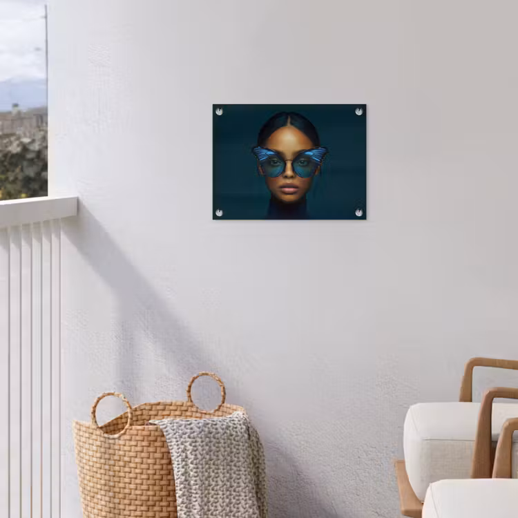 Vrouw - Vlinder - Bril - Blauw - Modern - Portret tuinposter los doek klein -sfeer8